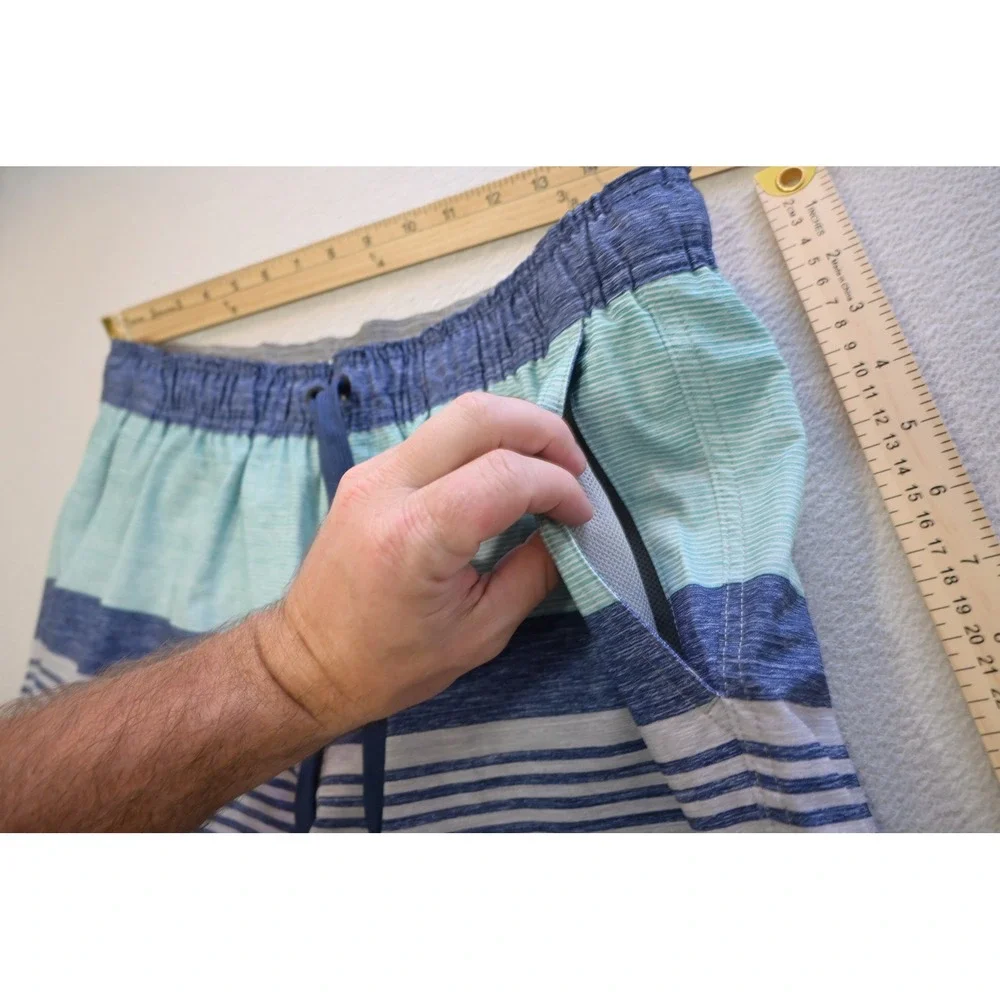 Hurley Swim Trunks Surf Shorts Mens Large Blue Teal Striped Mesh Liner Excellent